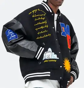 OEM personalizado hombres mangas de cuero bordado logotipo Letterman bomber chaqueta con dos bolsillos con abertura lateral