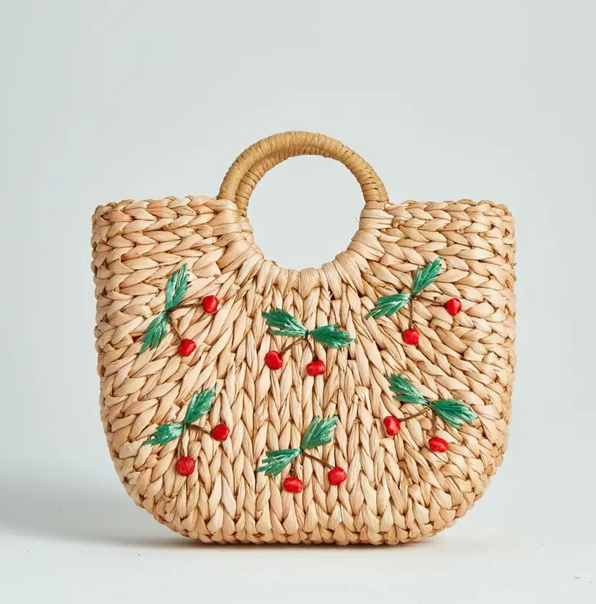 Wholesale custom cheap New design corn peel corn husk hallf moon woven straw beach bag cherry embroidery