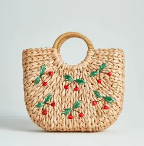 Wholesale custom cheap New design corn peel corn husk hallf moon woven straw beach bag cherry embroidery