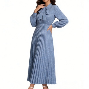 Robe longue plissée à pois pour femme, col noué, manches longues, fluide, style vintage décontracté, tendance - Product Image 4