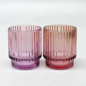 Factory Wholesale Colored Pink Cylinder Scented Wax Vertical Stripe Glass Votive Holder Nordic Ribbed Candle Jar for Tealight