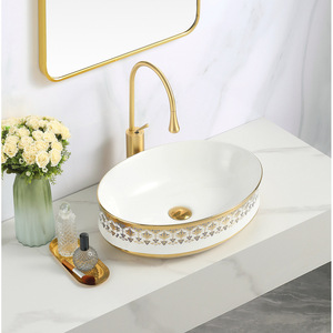 Lavabo de mesa de cerámica ovalado de estilo europeo dorado artístico Chaozhou Guangdong encimera de piedra Artificial Apertura de grifo de un solo orificio - Product Image 2