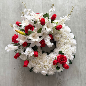 Corona Funebre di Fiori Artificiali in Seta Bianca <span class=keywords><strong>e</strong></span> Rossa da 55CM, Decorazioni Floreali Artificiali per Tombe <span class=keywords><strong>e</strong></span> Lapidi - Product Image 1