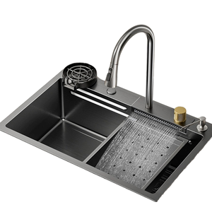 Évier de cuisine à une cuvette en acier inoxydable avec robinet de rinçage en <span class=keywords><strong>verre</strong></span> carré à double cascade fait à la main sans robinet - Product Image 4