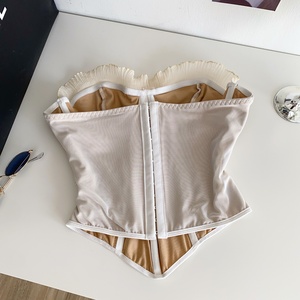 <span class=keywords><strong>Haut</strong></span> bustier en dentelle brodée florale avec dos en maille transparente à nouer, style corset court mignon pour femme - Product Image 2