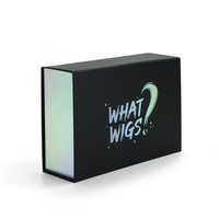 Boîte cadeau magnétique pliable noire pour perruque, intérieur holographique irisé, emballage de luxe pour extensions de cheveux avec logo personnalisé