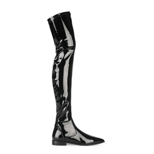 Botas planas sexys de moda para mujer, por encima de la rodilla, elásticas, de PU charol, con punta en pico, elásticas, hasta el muslo, tallas 35-45 - Product Image 2