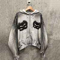 Sweat à capuche court pour homme Yingling, style streetwear, délavé, coupe ample, en coton épais, avec fermeture éclair et impression DTG personnalisée