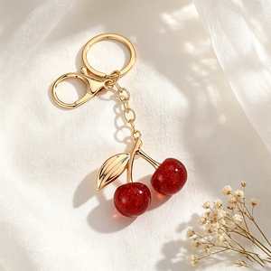Cute Red Cherry Keychain Gold Plated Metal <b>Key</b> <b>Ring</b> Sparkly Resin Fruit <b>Bag</b> Charm for Women Purse Decoration - Product Image 2