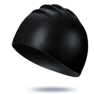 Custom Logo Professional Kids Nonslip Waterproof Seamless 3d Black Protective Head Swimming Cap For Long Hair