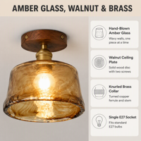 Plafonnier avec abat-jour en verre ambré, E27, 220V, luminaire avec finition couleur noyer, pour restaurant et maison