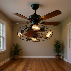 Ventilateur de plafond moderne style ferme avec télécommande, moteur réversible, pales en fer noir et bois, 20 pouces, pour salon - Product Image 2