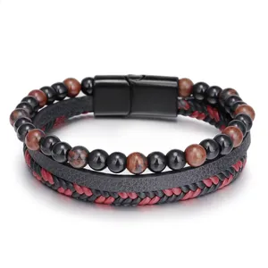 Hand-Woven Vintage Black Bead Bracelets For Men Fashion Triangle Leather Bracelet & Bangles Multilayer Wide Wrap Jewelry