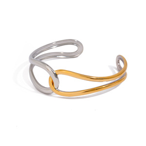 Stainless Steel <b>Cuff</b> <b>Bracelet</b> 18K Gold <b>Silver</b> Accents Minimalist Intertwined Knot Design Unisex Jewelry - Product Image 1