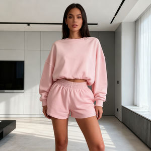 Ensemble de survêtement 2 pièces pour femme : pull décontracté à col rond et manches longues en maille de haute qualité et short taille haute à cordon de serrage - Product Image 1