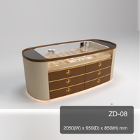 Meuble îlot ovale pour dressing, 6 tiroirs, vitrine à bijoux en verre, poignée dorée, cuir microfibre crème et marron, base LED