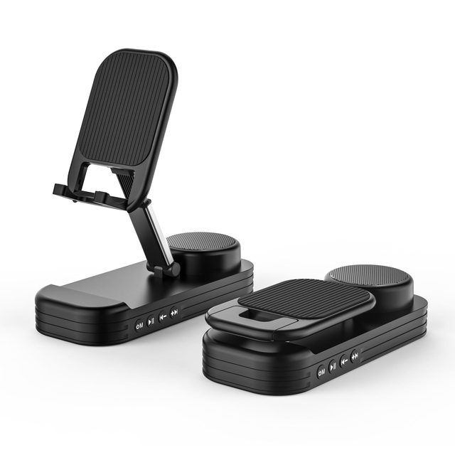 Height Adjustable Mobile Phone Tablet Holder with Wireless Speaker Foldable Desktop Phone Stand Insertable Memory Card