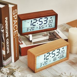 Solid Wood <b>Digital</b> Alarm <b>Clock</b> With Temperature Humidity Display Large Screen Bedside <b>Clock</b> Rectangular Electronic <b>Clock</b> - Product Image 1