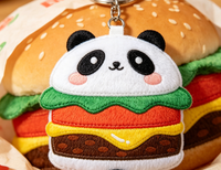 Fabricant OEM, porte-clés en peluche personnalisé Panda Burger, peluche douce et mignonne rembourrée de coton PP, pour cadeaux de fête pour enfants