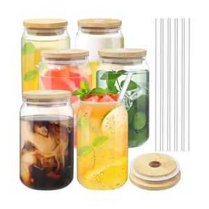 Gobelets en plastique de 16 oz pour canettes de soda Gobelets en plastique transparent pour canettes de bière en verre avec couvercle en bambou