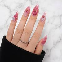Vente en gros de faux ongles personnalisés à étiquette privée, forme amande, rose, fleurs 3D, perles dorées, brillants