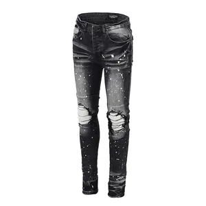 Popular Style Snow Wash Paint With Men Ripped Knee Jeans Streetweaar Stacked Fading Black Jeans