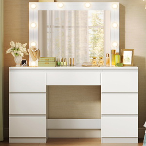 Table de maquillage haut de gamme avec plateau en verre blanc, miroir LED réglable, table de toilette moderne avec tiroirs et 2 prises - Product Image 2