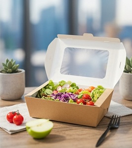 Boîtes à salade en papier enduit jetables écologiques avec deux fenêtres transparentes pour l'emballage de fruits et légumes frais de qualité alimentaire - Product Image 6