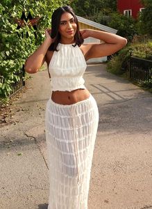 Femmes en mousseline de soie Flowy Tulle à volants Maxi Halter sans manches Crop Top deux pièces maillot de bain Cover Ups - Product Image 4