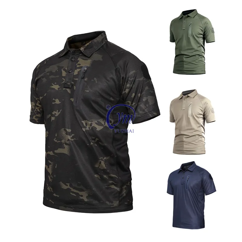 Venta al por mayor camiseta de los hombres al aire libre deportes tácticas Polo camisa solapa manga corta verano Camo secado rápido camiseta