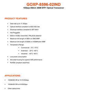 GOXP 8596 02 IND อุณหภูมิอุตสาหกรรม 10G SFP+ SR โมดูลรับส่งสัญญาณแสง 850 นาโนเมตร 300M ไฟเบอร์มัลติโหมด DDM ขั้วต่อ LC - Product Image 2