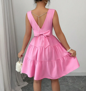 Women's Hot <strong>Pink</strong> Tiered Ruffle Mini <strong>Dress</strong> Sleeveless O-Neck Back Bow Beaded A-Line Casual Party <strong>Dress</strong> - Product Image 2