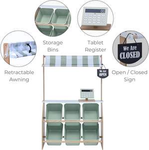 Stand de marché agricole en bois pour enfants avec <span class=keywords><strong>caisse</strong></span> <span class=keywords><strong>enregistreuse</strong></span> factice et 6 bacs de rangement en plastique vert - Product Image 3