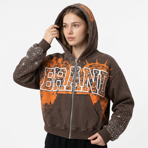 Customized Men's Oversized Zip-Up <b>Hoodie</b> Brown <b>Orange</b> Print Rhinestone Streetwear Sweatshirt 100% Cotton Fleece - Product Image 3