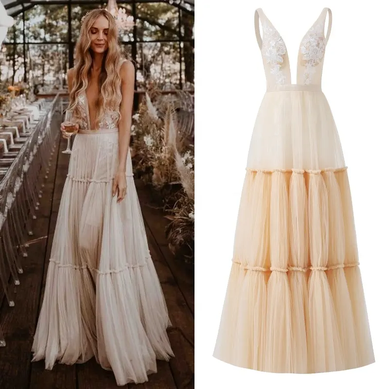 1333 # Boho Deep Sexy V-Ausschnitt Ärmellose rücken freie Braut Strand Tüll Spitze boden lang A-Linie Champagner Brautkleid Brautkleid