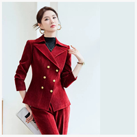 Ensemble de tailleur tissé 2 pièces Mier rouge uni à col en V pour femme, anti-plis, brodé, manches longues, fermeture à bouton unique, idéal pour le bureau