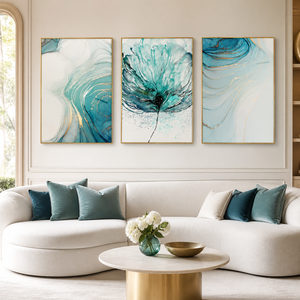 Stampa d'Arte Astratta Teal White Still Life su Tre Pannelli, Immagine a Colori Fluidi per Soggiorno, Hotel, Interni Moderni - Product Image 5