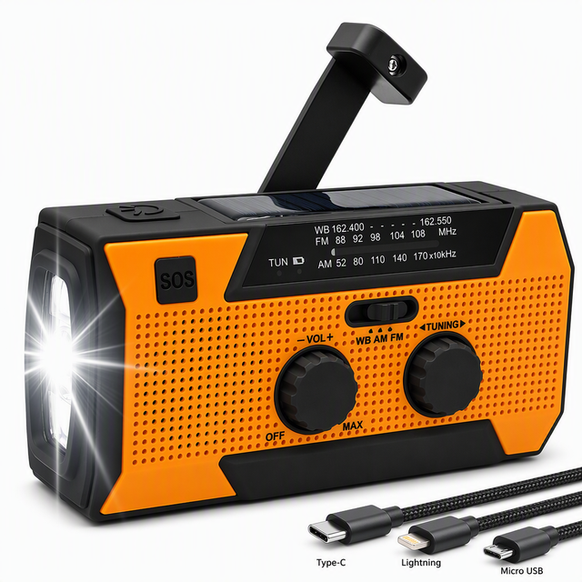 5000mAh High Capacity Battery Solar Charging USB-C Port SOS Alarm Flashlight Portable AM FM NOAA Weather Survival Radio