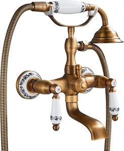 <span class=keywords><strong>Robinet</strong></span> <span class=keywords><strong>de</strong></span> bain avec douchette, tête <span class=keywords><strong>de</strong></span> douche murale en laiton, deux poignées en céramique, design vintage nostalgique - Product Image 1