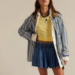 Chaqueta Holgada a Rayas para Mujer con Cuello de Pana - Estilo Boho para Venta al por Mayor, Abrigo Azul y Blanco de Moda - Product Image 3