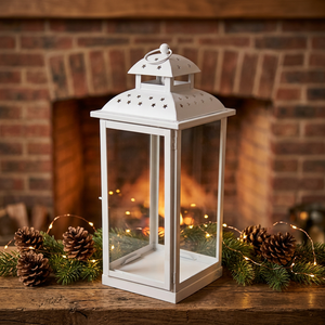 Wholesale White Metal Candle Holder Lantern with Stars Cutwork for Christmas Home Decoration - Product Image 1