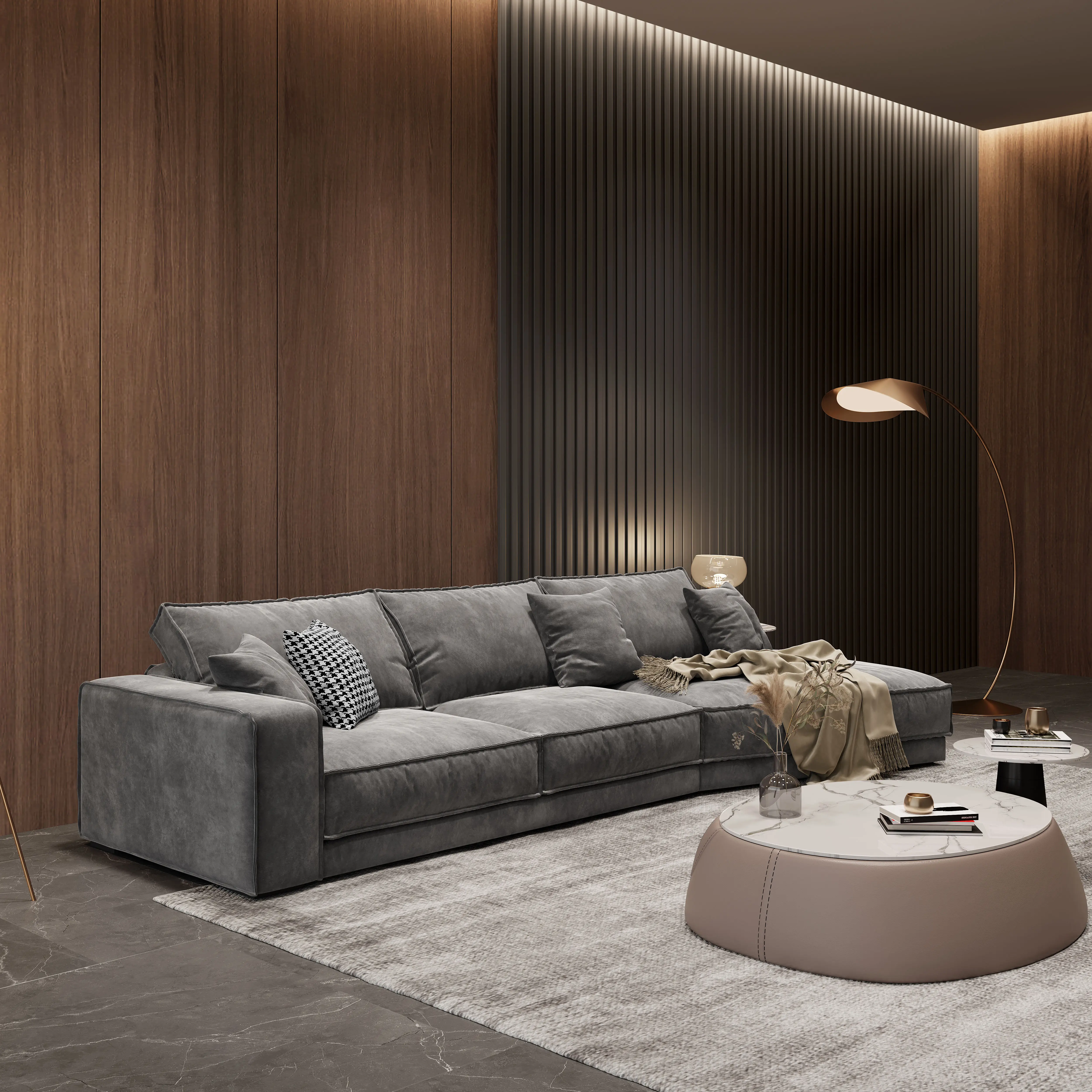 新しい高級ロガーオープンデザインL字型イタリア断面リネンソファセットコレクション家具