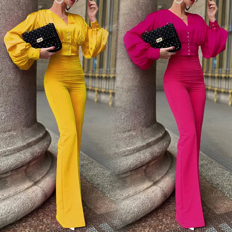 2022 Spring New Women Satin Outfits Long Sleeve Shirt Top And Wide Leg Pants 2 Piece Set