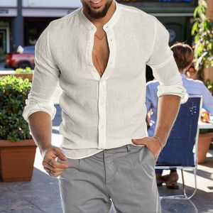 Camisas de hombre de algodón de lino italiano personalizadas <span class=keywords><strong>Camisa</strong></span> De <span class=keywords><strong>Manga</strong></span> <span class=keywords><strong>Larga</strong></span> De Lino Para Hombre con <span class=keywords><strong>cuello</strong></span> <span class=keywords><strong>Mao</strong></span> - Product Image 5