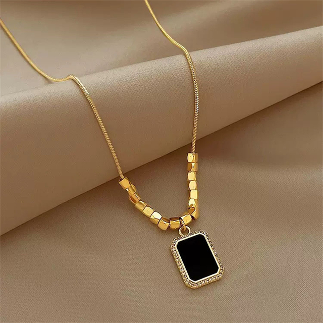 Fashion Stainless Steel Rectangle Light Luxury Black Block Natural Gemstone Pendant 18K Gold Plated Jewelry Necklace for Women