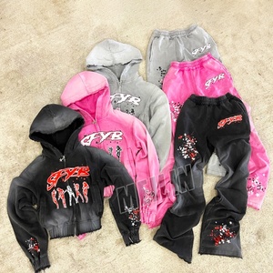 Wholesale Custom Women Distressed Screen Print Tracksuit High Quality Wash Sun Faded <b>Cropped</b> <b>Zip</b> <b>up</b> Hoodies Set Women Sweatsuits - Product Image 1