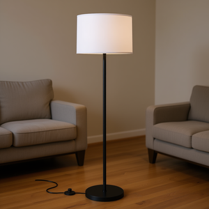 Lampadaire moderne 60 pouces avec abat-jour blanc en forme de tambour, poteau en fer noir, source lumineuse LED, base E26 pour salon, chambre, bureau - Product Image 2