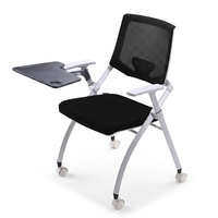Chaise de formation moderne avec support lombaire fixe, dossier en maille, accoudoirs réglables et coulissants, siège rabattable, tablette d'écriture horizontale empilable