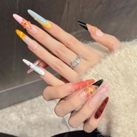 TSZS Faux ongles à presser faits main, motif floral 3D en relief, longs, forme cercueil et stiletto, 2 formes, dégradé, réutilisables, pour nail art