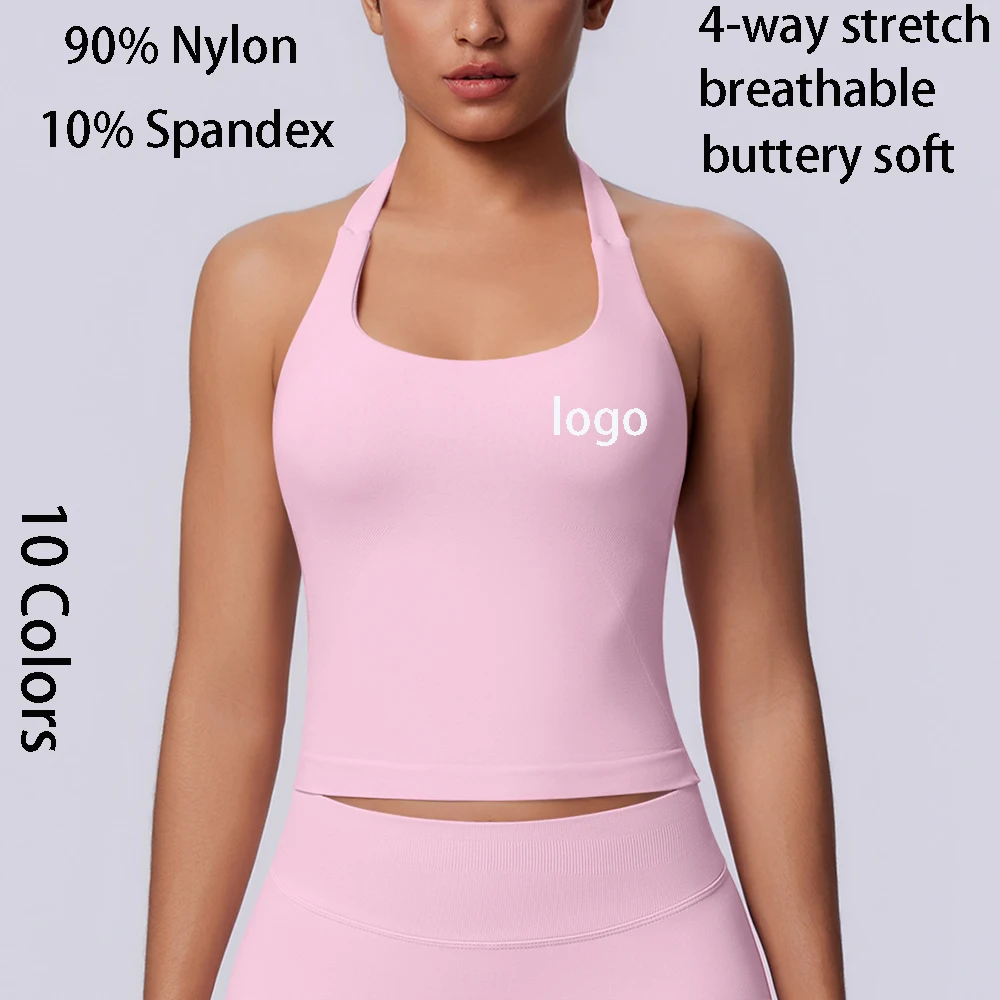 2026 Custom Logo Women Halter Neck Yoga Tank Top With Built in Bra Seamless Workout Sports Top